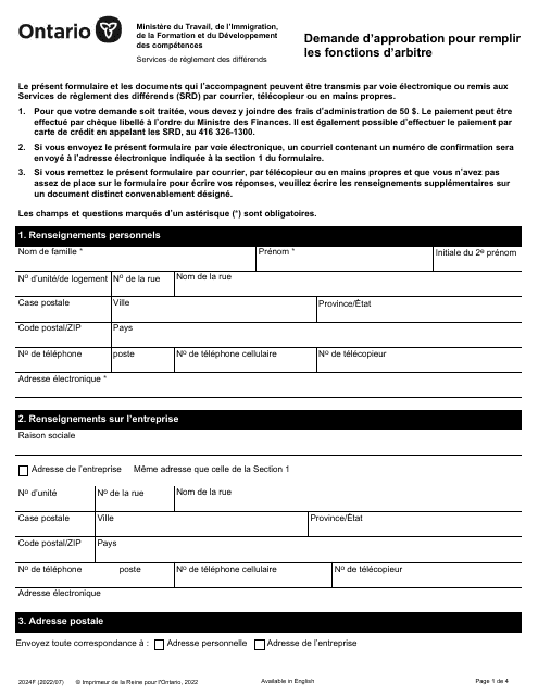 Forme 2024F Fill Out Sign Online And Download Fillable PDF Ontario   Forme 2024f Demande D Approbation Pour Remplir Les Fonctions D Arbitre Ontario Canada French Big 