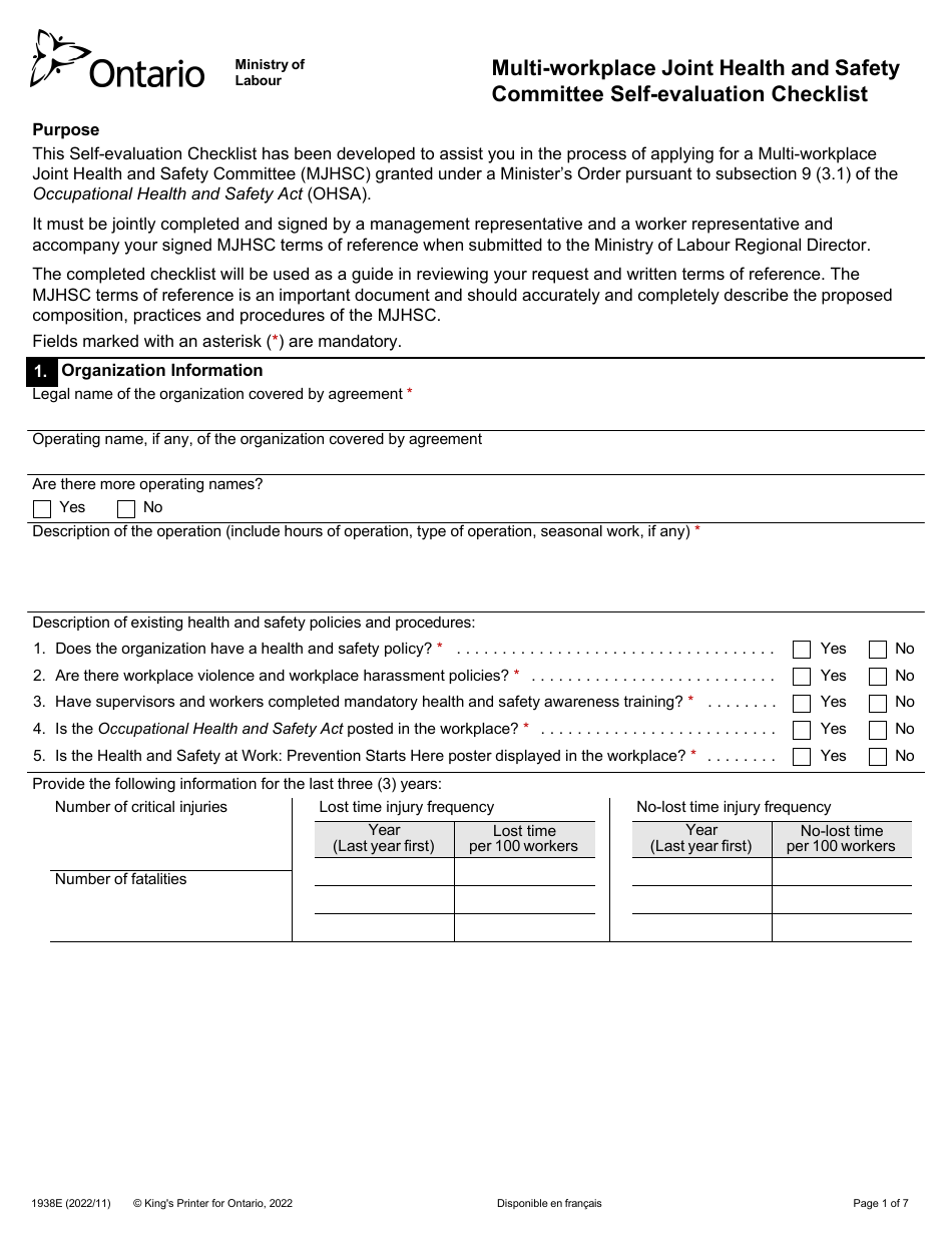 Form 1938E Multi-Workplace Joint Health and Safety Committee Self-evaluation Checklist - Ontario, Canada, Page 1