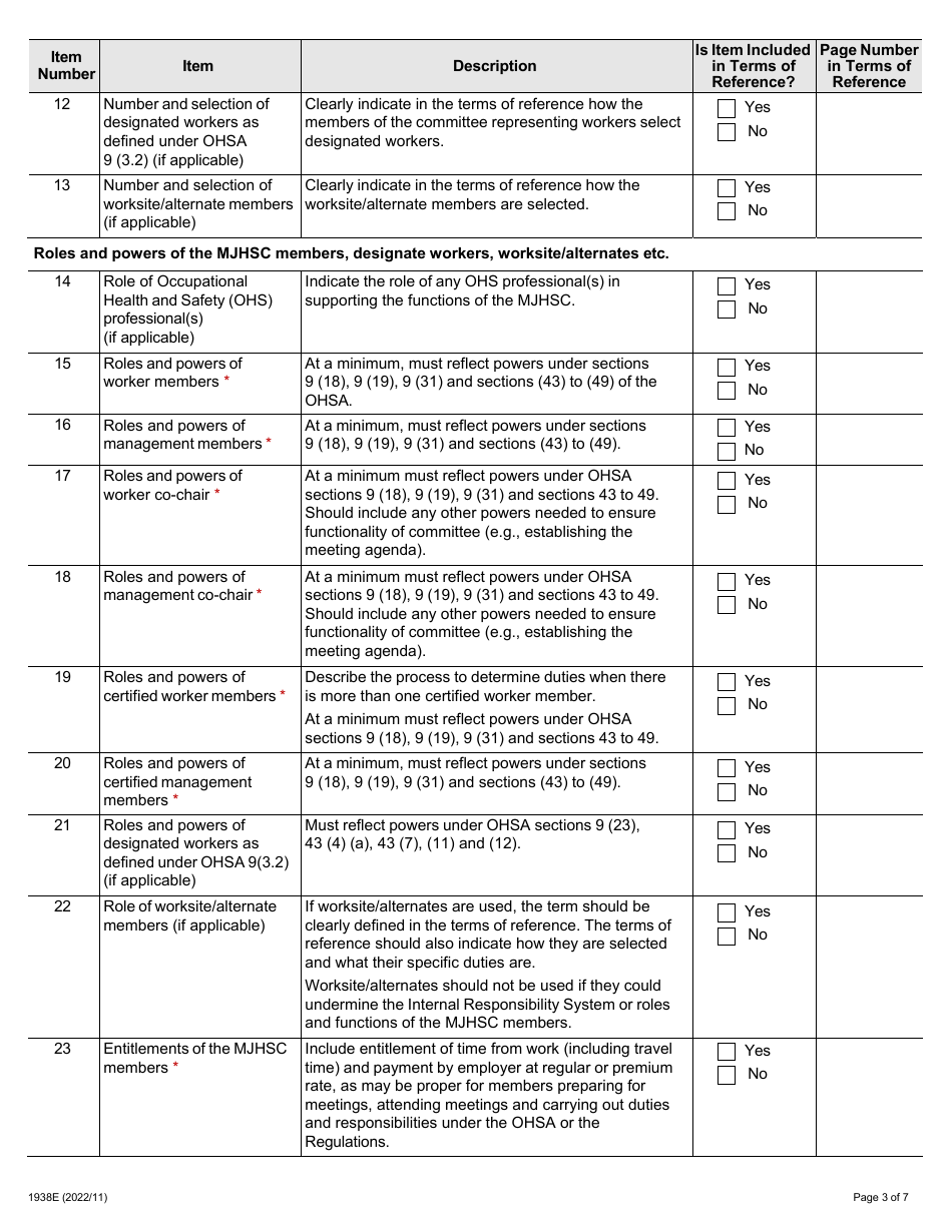 Form 1938E Multi-Workplace Joint Health and Safety Committee Self-evaluation Checklist - Ontario, Canada, Page 3