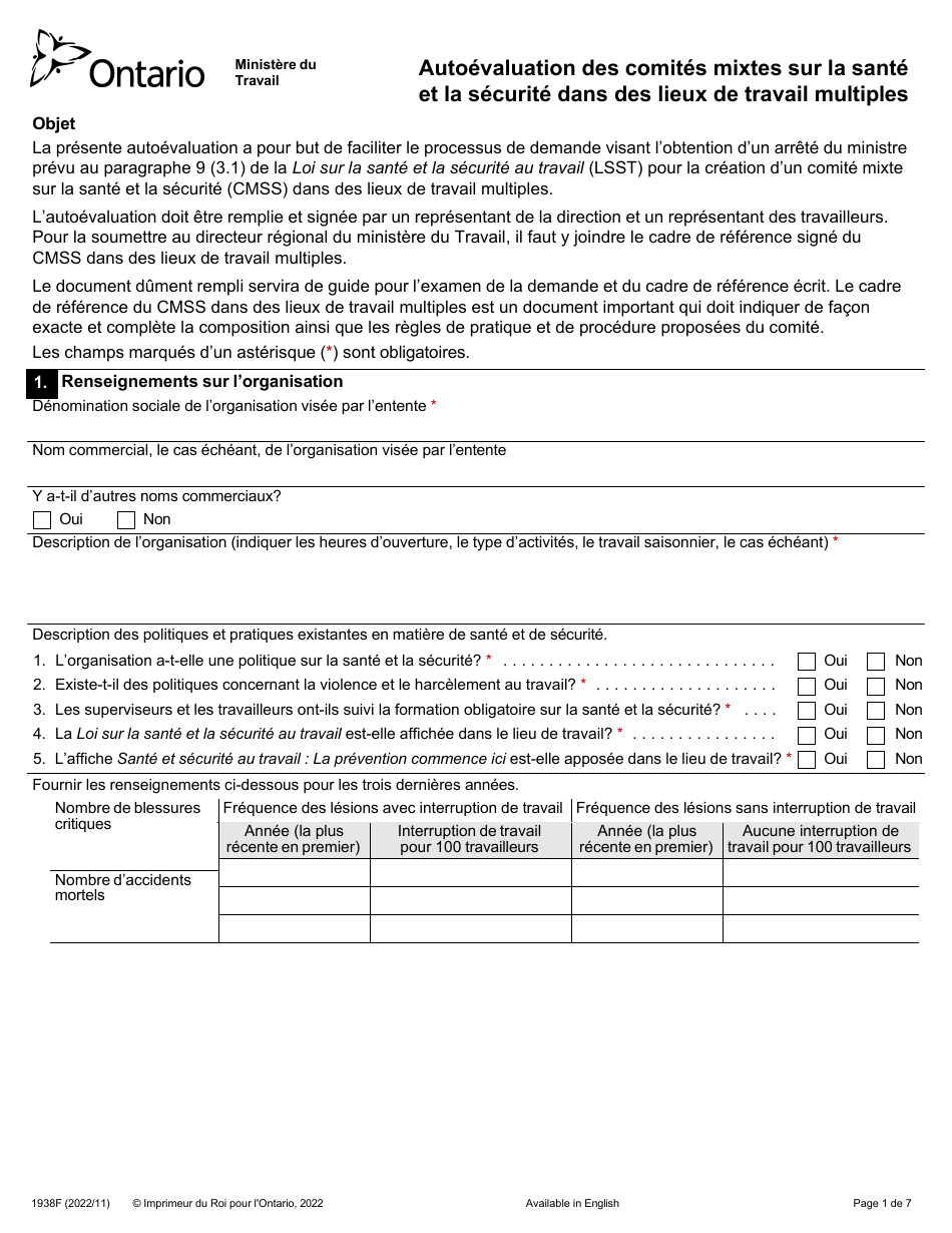 Forme 1938F Autoevaluation DES Comites Mixtes Sur La Sante Et La Securite Dans DES Lieux De Travail Multiples - Ontario, Canada (French), Page 1