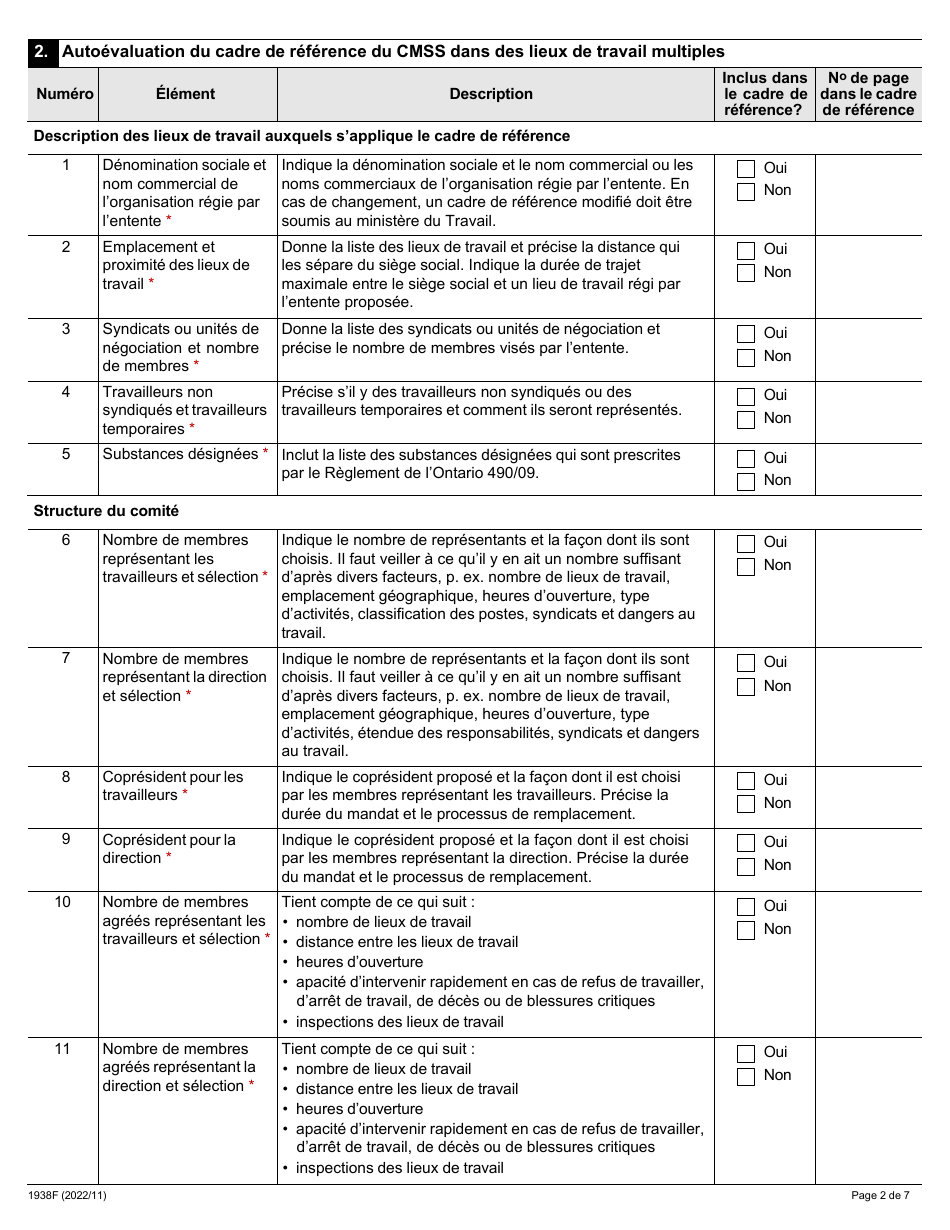Forme 1938F Autoevaluation DES Comites Mixtes Sur La Sante Et La Securite Dans DES Lieux De Travail Multiples - Ontario, Canada (French), Page 2
