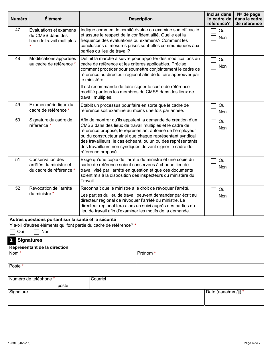 Forme 1938F Autoevaluation DES Comites Mixtes Sur La Sante Et La Securite Dans DES Lieux De Travail Multiples - Ontario, Canada (French), Page 6