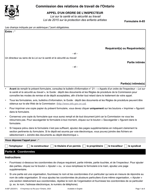 Forme A-65 Appel D'un Ordre De L'inspecteur - Ontario, Canada (French)
