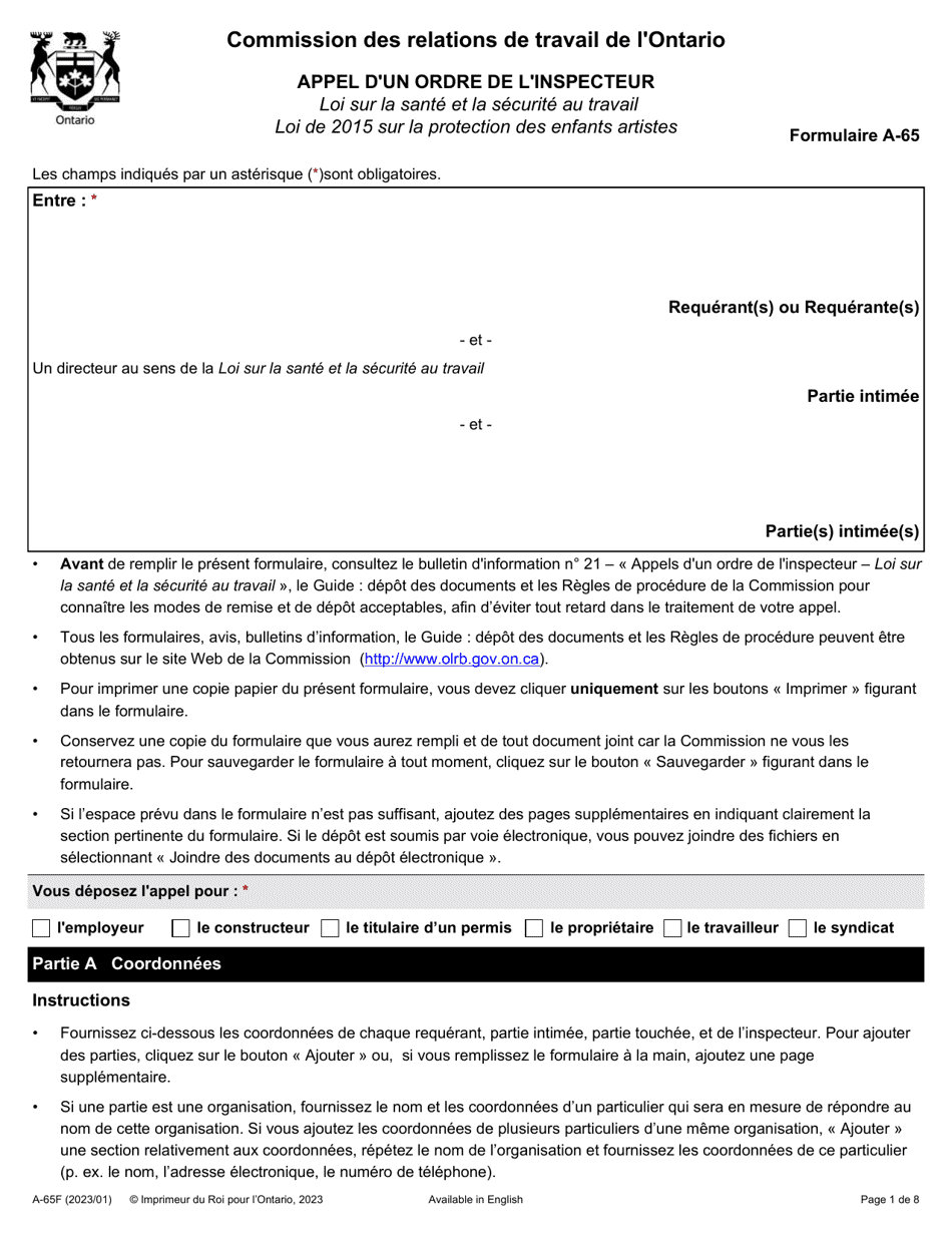 Forme A-65 Appel Dun Ordre De Linspecteur - Ontario, Canada (French), Page 1
