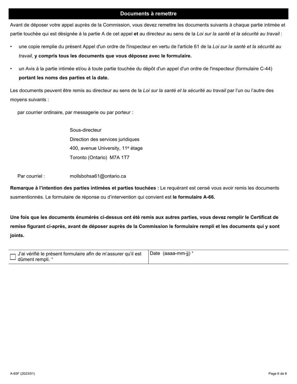 Forme A-65 Appel Dun Ordre De Linspecteur - Ontario, Canada (French), Page 6