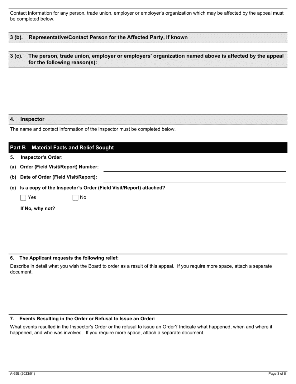 Form A-65 Appeal of Inspectors Order - Ontario, Canada, Page 3