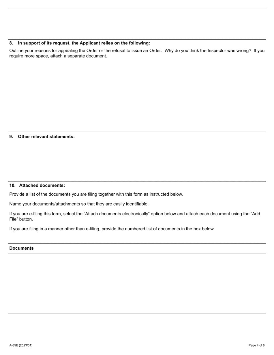 Form A-65 Appeal of Inspectors Order - Ontario, Canada, Page 4