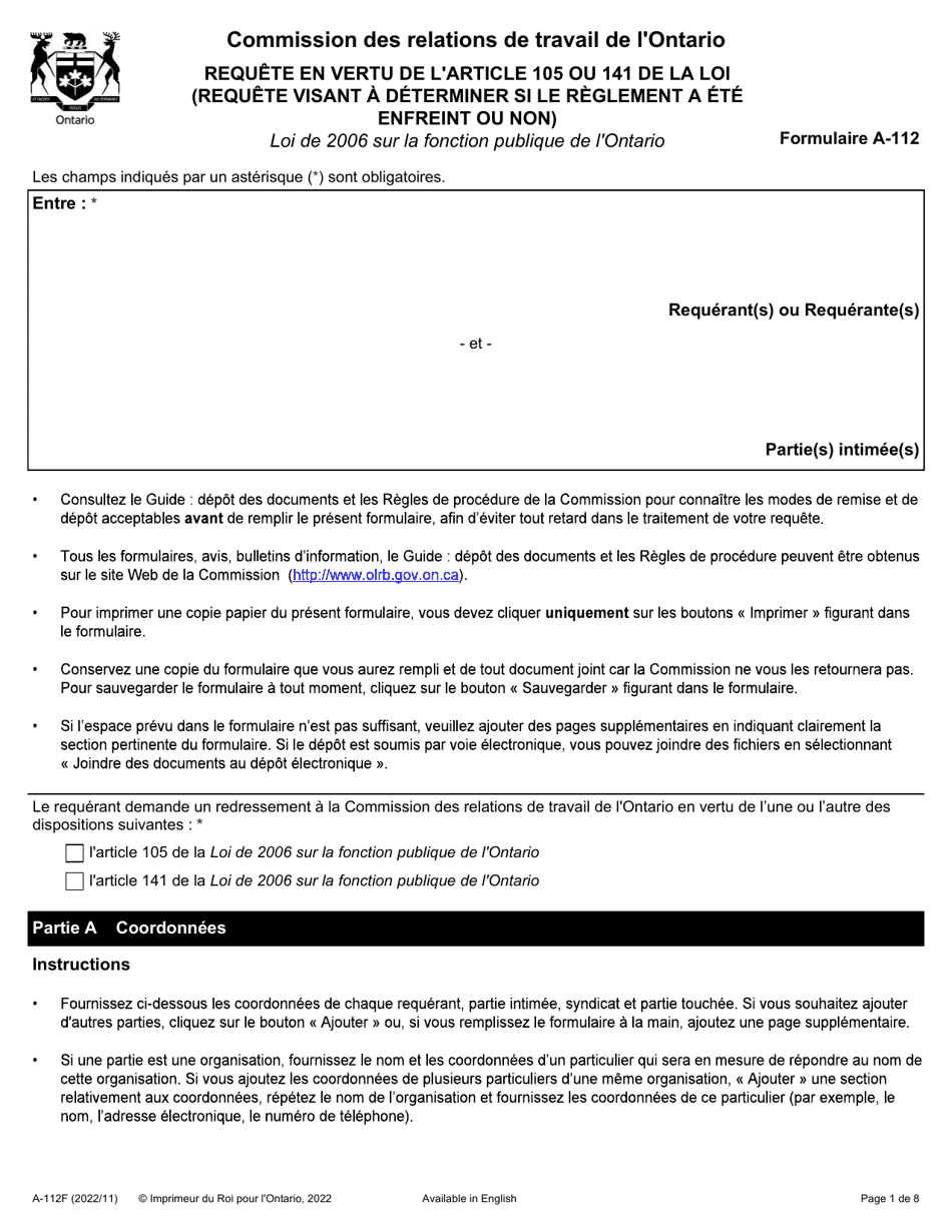 Forme A-112 Requete En Vertu De Larticle 105 Ou 141 De La Loi (Requete Visant a Determiner Si Le Reglement a Ete Enfreint Ou Non) - Ontario, Canada (French), Page 1