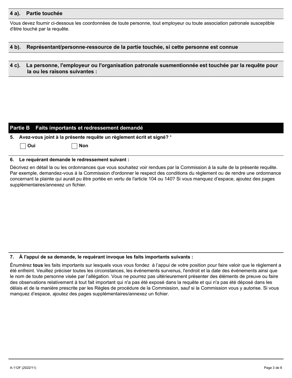 Forme A-112 Requete En Vertu De Larticle 105 Ou 141 De La Loi (Requete Visant a Determiner Si Le Reglement a Ete Enfreint Ou Non) - Ontario, Canada (French), Page 3