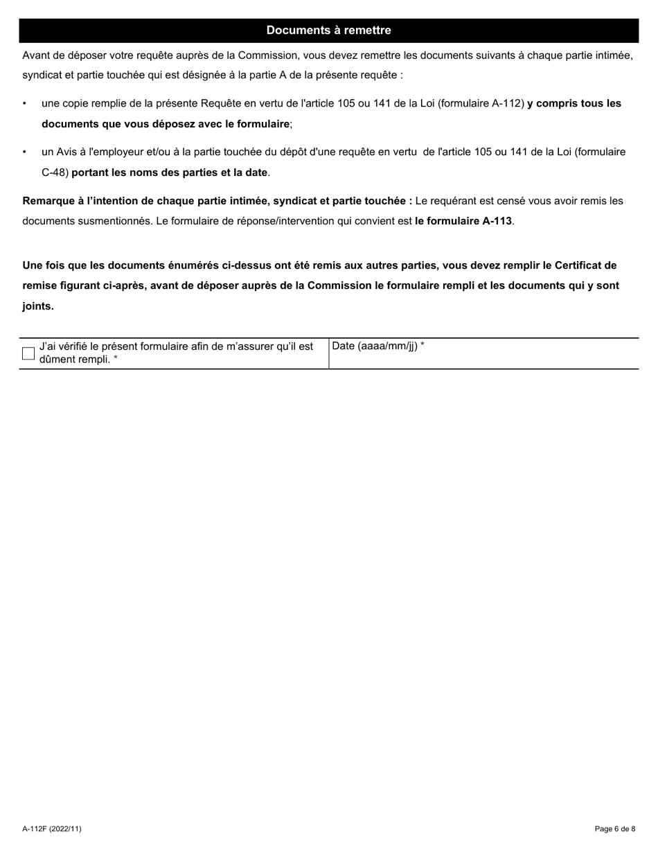 Forme A-112 Requete En Vertu De Larticle 105 Ou 141 De La Loi (Requete Visant a Determiner Si Le Reglement a Ete Enfreint Ou Non) - Ontario, Canada (French), Page 6