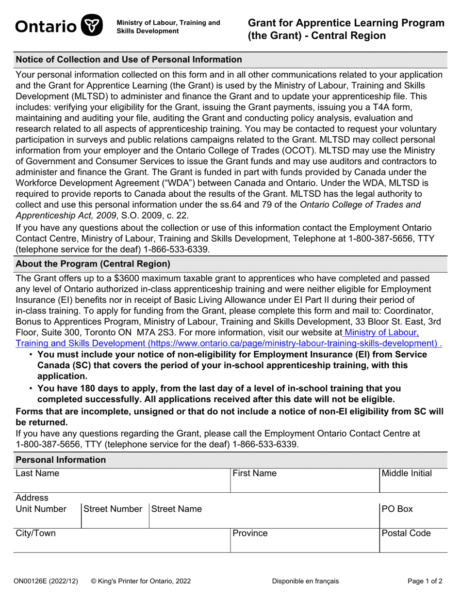 Form ON00126E Grant for Apprentice Learning Program (The Grant) - Central Region - Ontario, Canada, Page 1