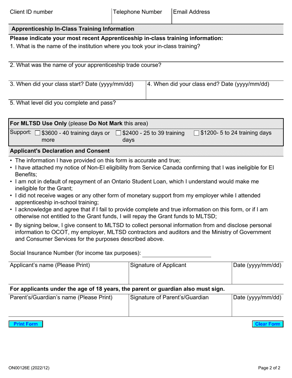 Form ON00126E Grant for Apprentice Learning Program (The Grant) - Central Region - Ontario, Canada, Page 2