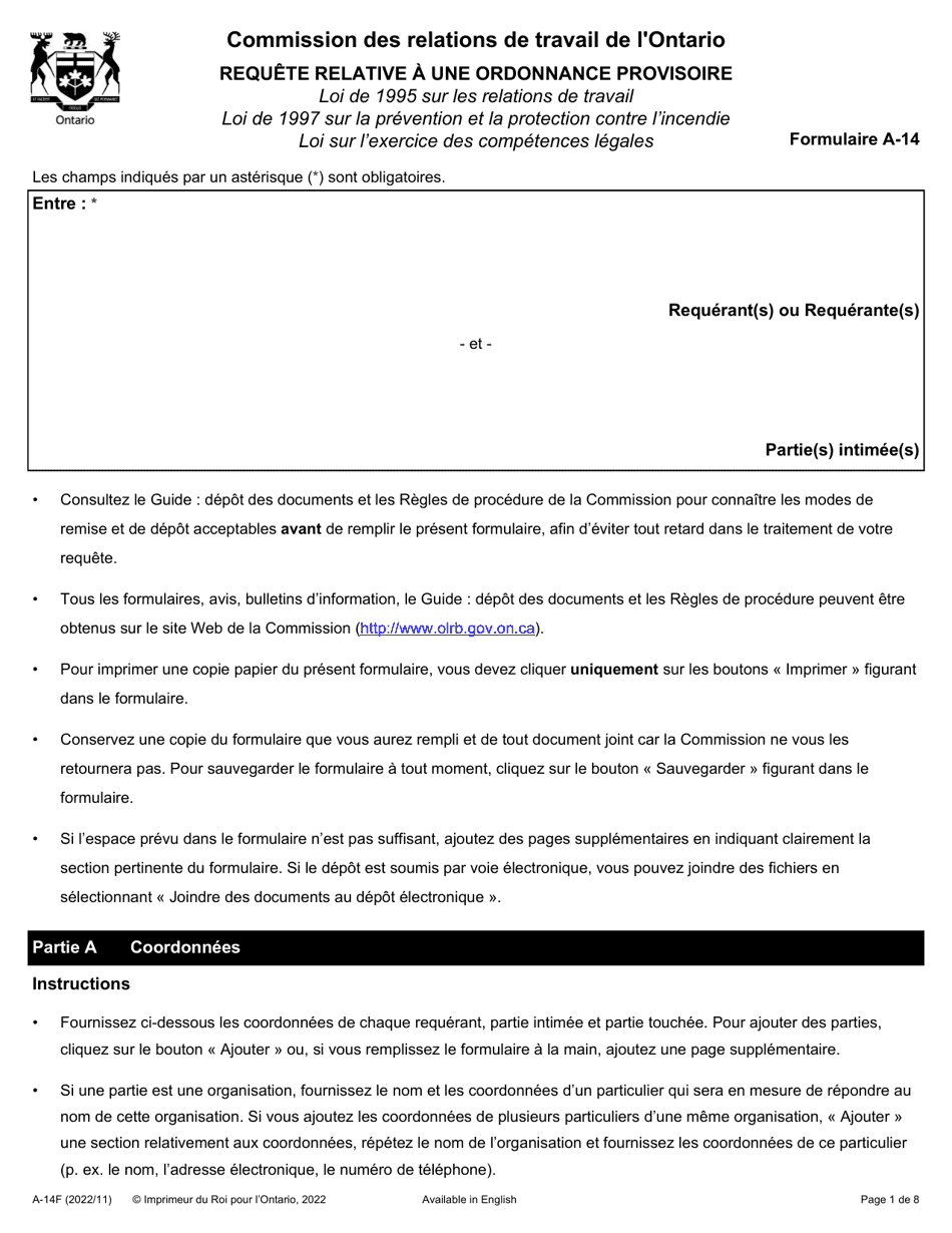 Forme A-14 Requete Relative a Une Ordonnance Provisoire - Ontario, Canada (French), Page 1