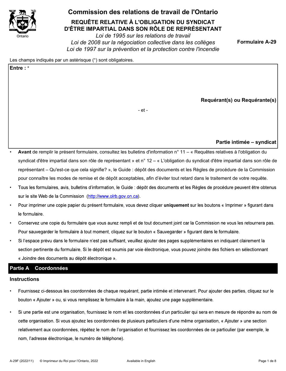 Forme A-29 Requete Relative a Lobligation Du Syndicat Detre Impartial Dans Son Role De Representant - Ontario, Canada (French), Page 1