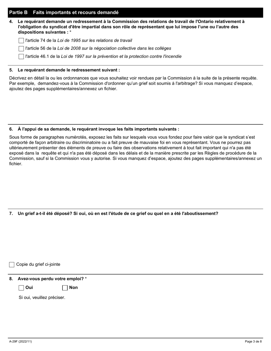 Forme A-29 Requete Relative a Lobligation Du Syndicat Detre Impartial Dans Son Role De Representant - Ontario, Canada (French), Page 3