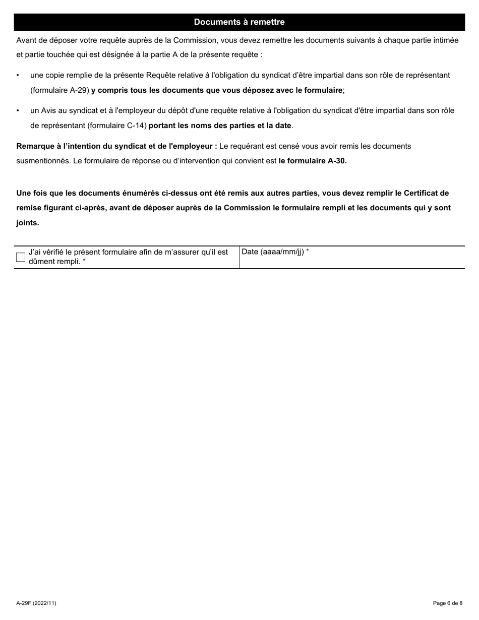 Forme A-29 Requete Relative a Lobligation Du Syndicat Detre Impartial Dans Son Role De Representant - Ontario, Canada (French), Page 6