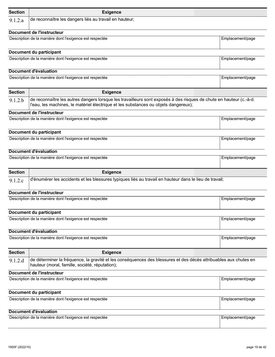 Forme 1950F Travail En Hauteur Demande Du Fournisseur De Services De Formation - Ontario, Canada (French), Page 19