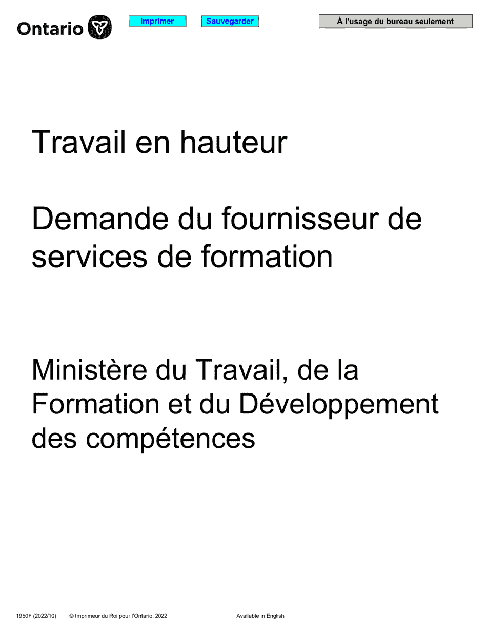 Forme 1950F Travail En Hauteur Demande Du Fournisseur De Services De Formation - Ontario, Canada (French), Page 1