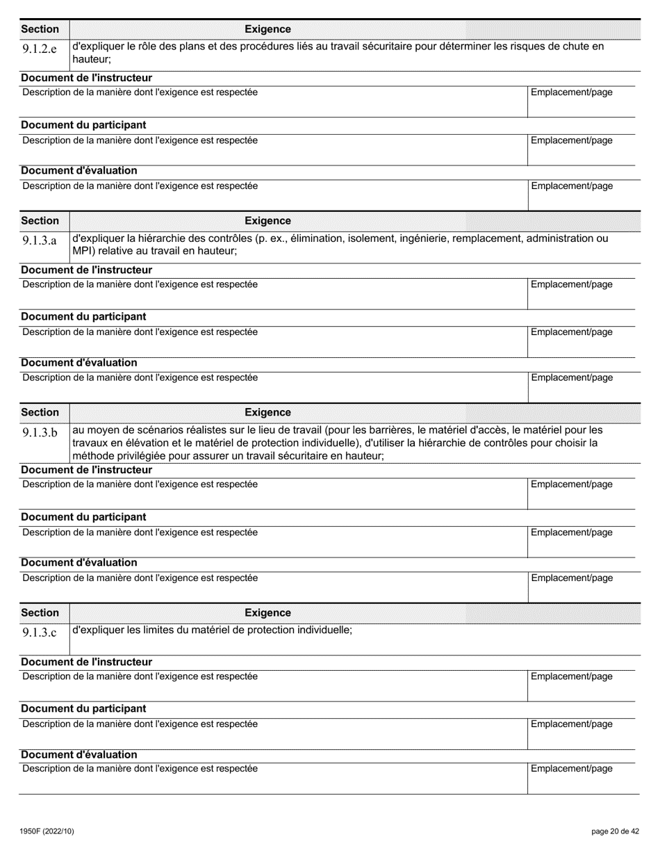 Forme 1950F Travail En Hauteur Demande Du Fournisseur De Services De Formation - Ontario, Canada (French), Page 20