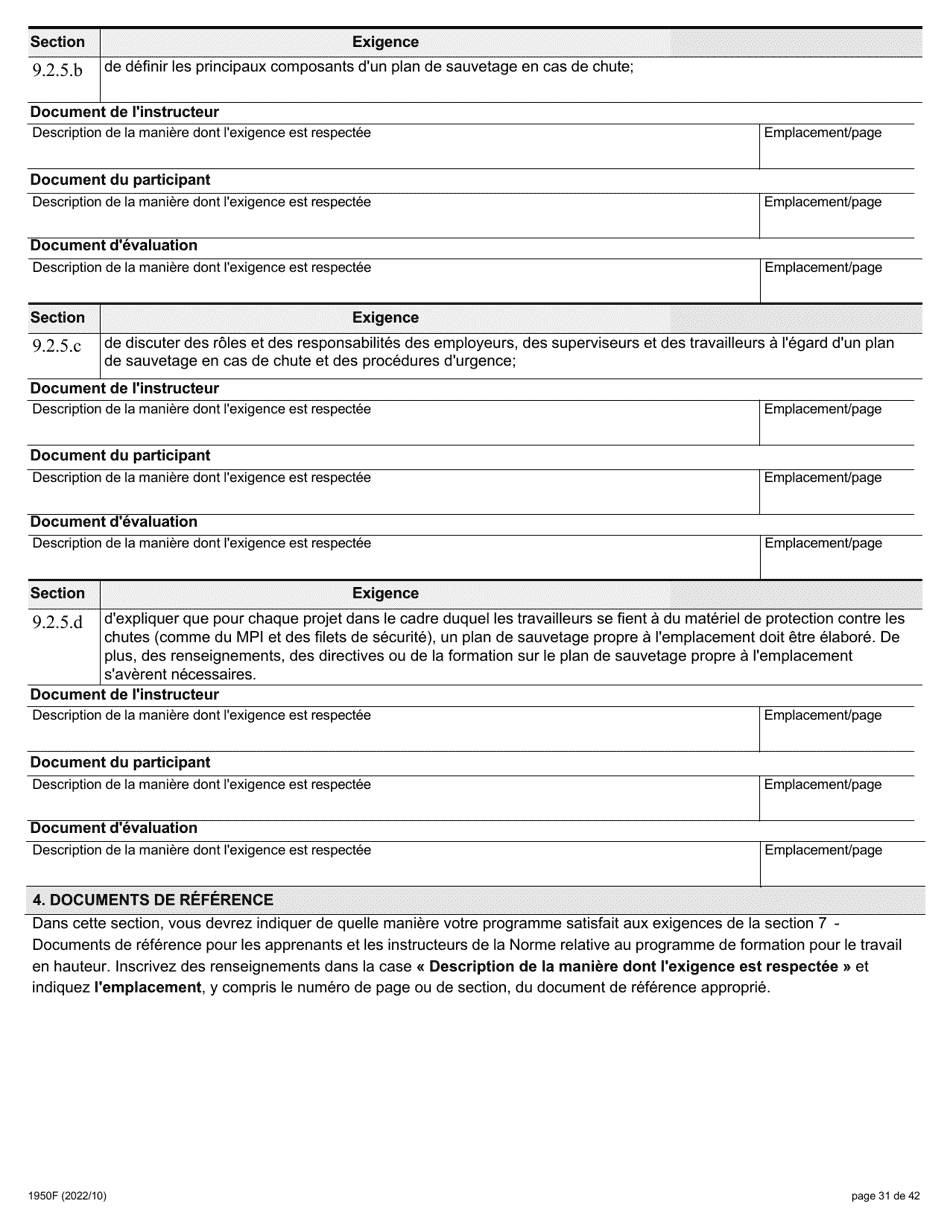 Forme 1950F Travail En Hauteur Demande Du Fournisseur De Services De Formation - Ontario, Canada (French), Page 31