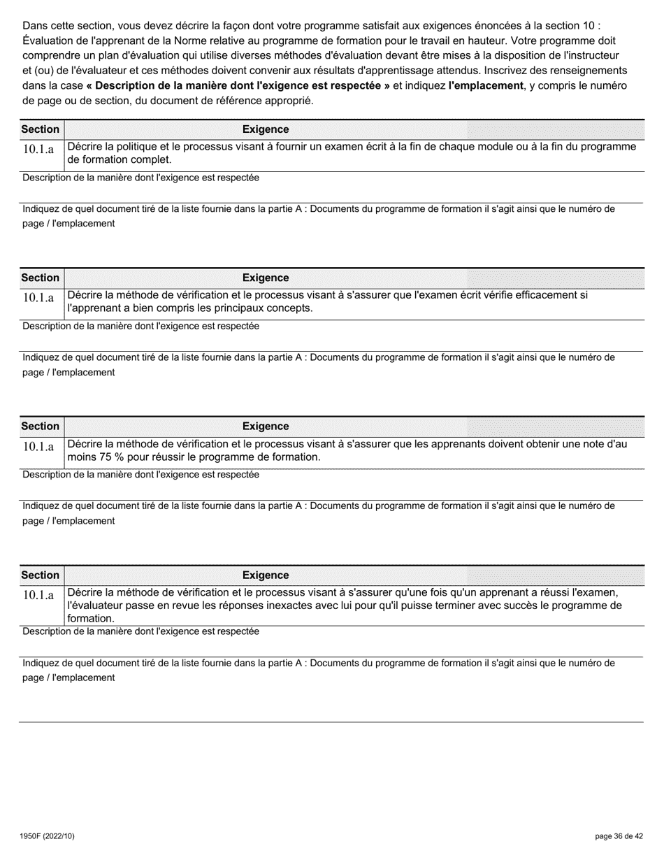 Forme 1950F Travail En Hauteur Demande Du Fournisseur De Services De Formation - Ontario, Canada (French), Page 36