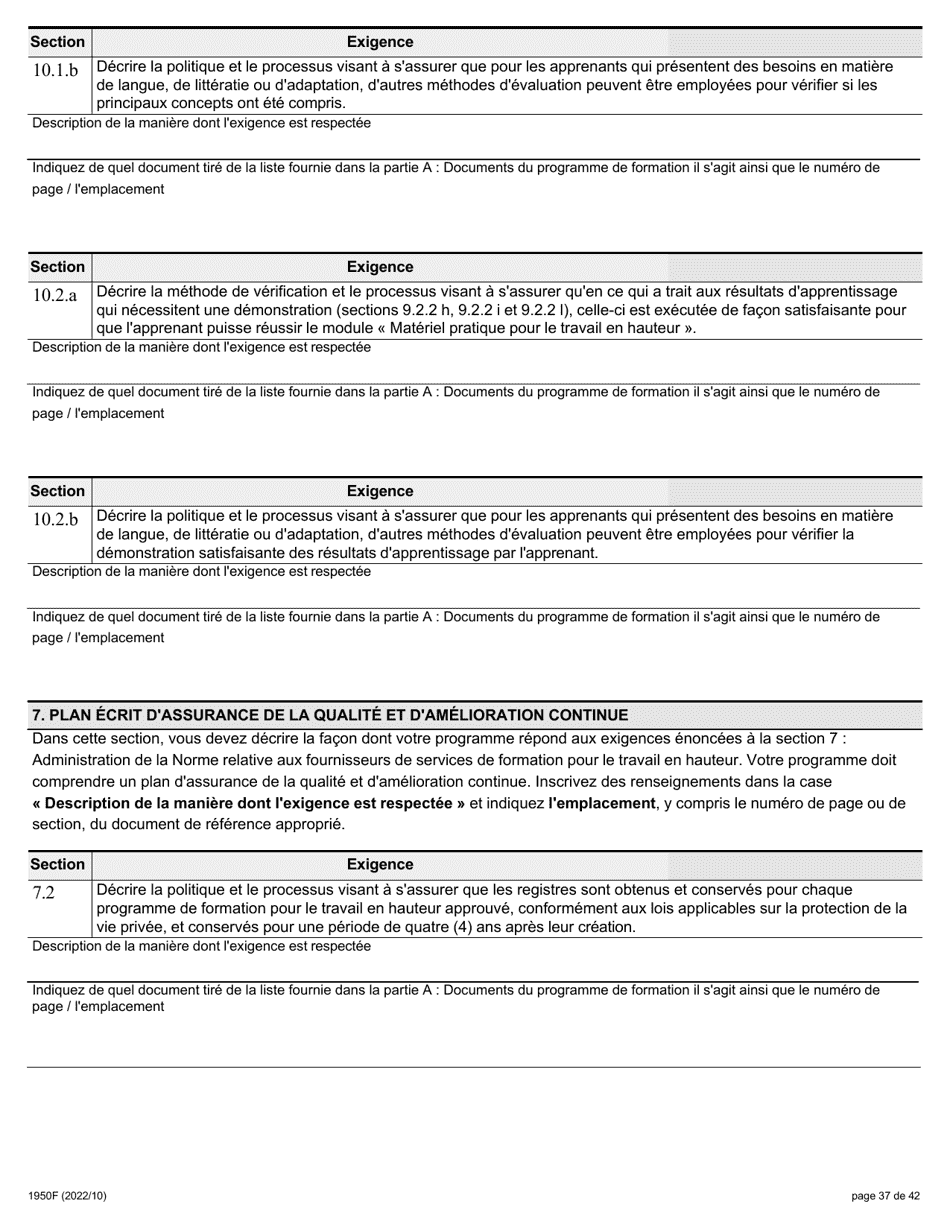 Forme 1950F Travail En Hauteur Demande Du Fournisseur De Services De Formation - Ontario, Canada (French), Page 37