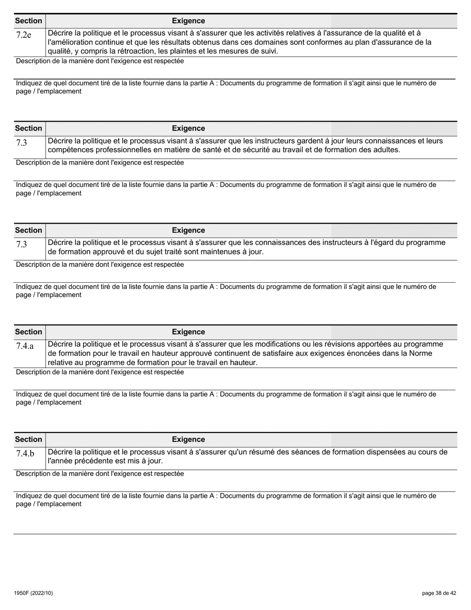 Forme 1950F Travail En Hauteur Demande Du Fournisseur De Services De Formation - Ontario, Canada (French), Page 38