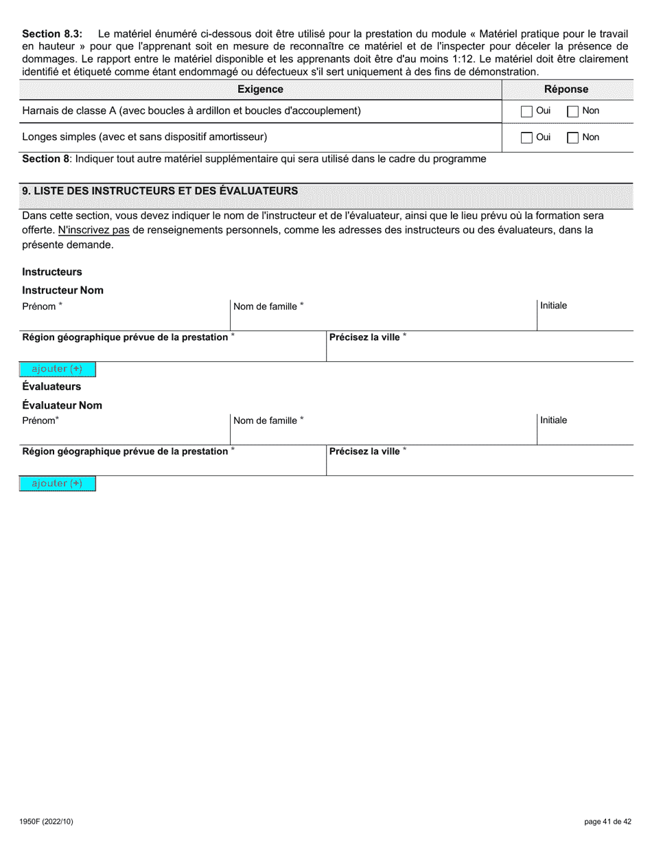 Forme 1950F Travail En Hauteur Demande Du Fournisseur De Services De Formation - Ontario, Canada (French), Page 41