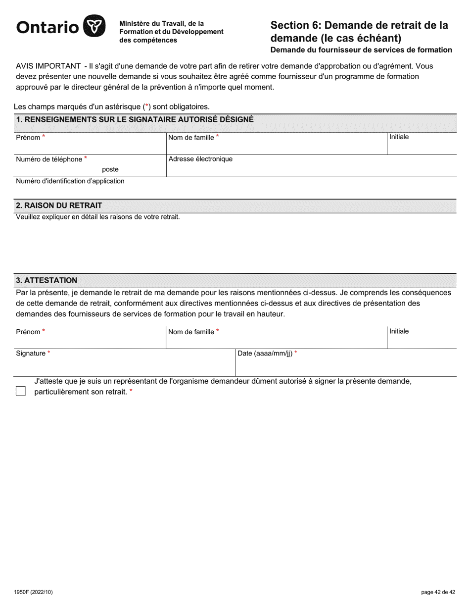 Forme 1950F Travail En Hauteur Demande Du Fournisseur De Services De Formation - Ontario, Canada (French), Page 42