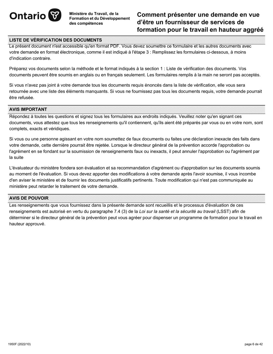 Forme 1950F Travail En Hauteur Demande Du Fournisseur De Services De Formation - Ontario, Canada (French), Page 6