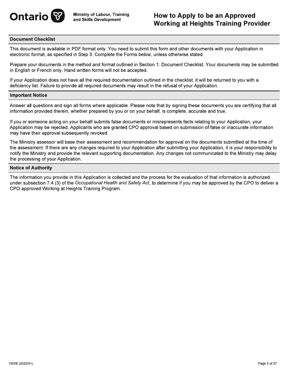 Form 1950E Working at Heights Training Provider Application - Ontario, Canada, Page 5