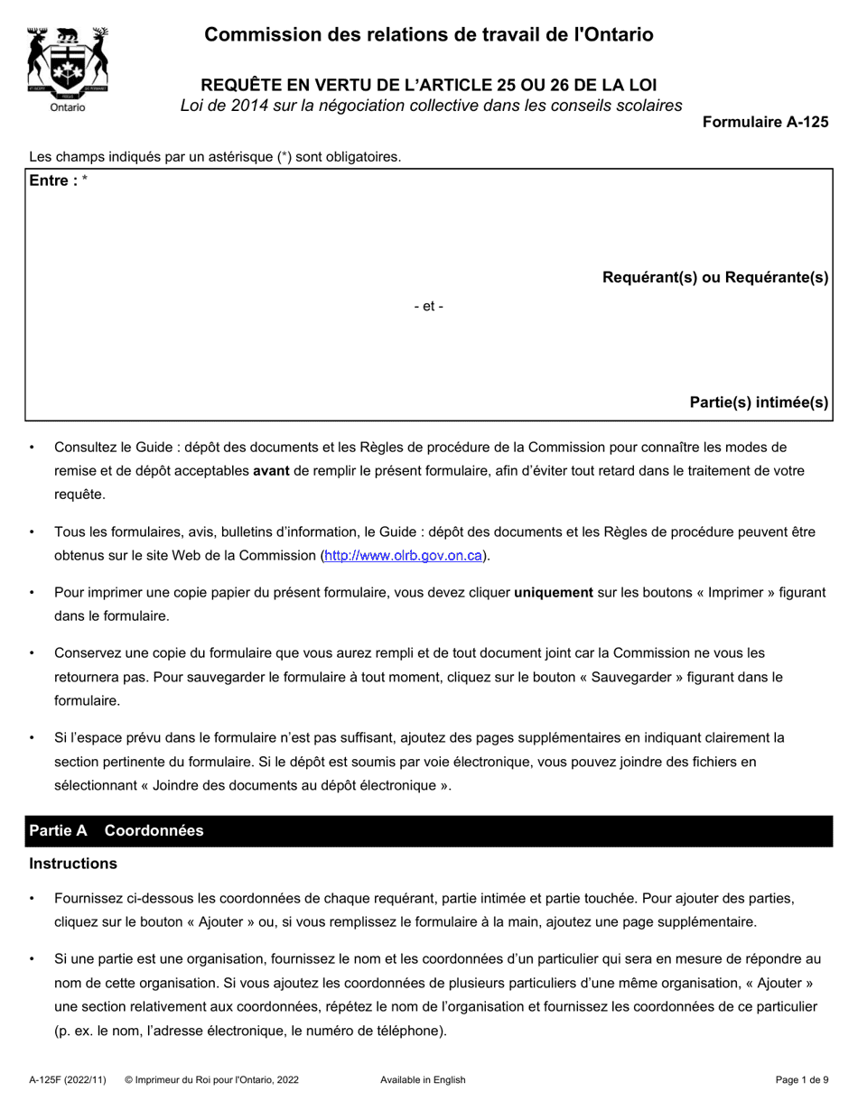 Forme A-125 Requete En Vertu De Larticle 25 Ou 26 De La Loi De 2014 Sur La Negociation Collective Dans Les Conseils Scolaires - Ontario, Canada (French), Page 1