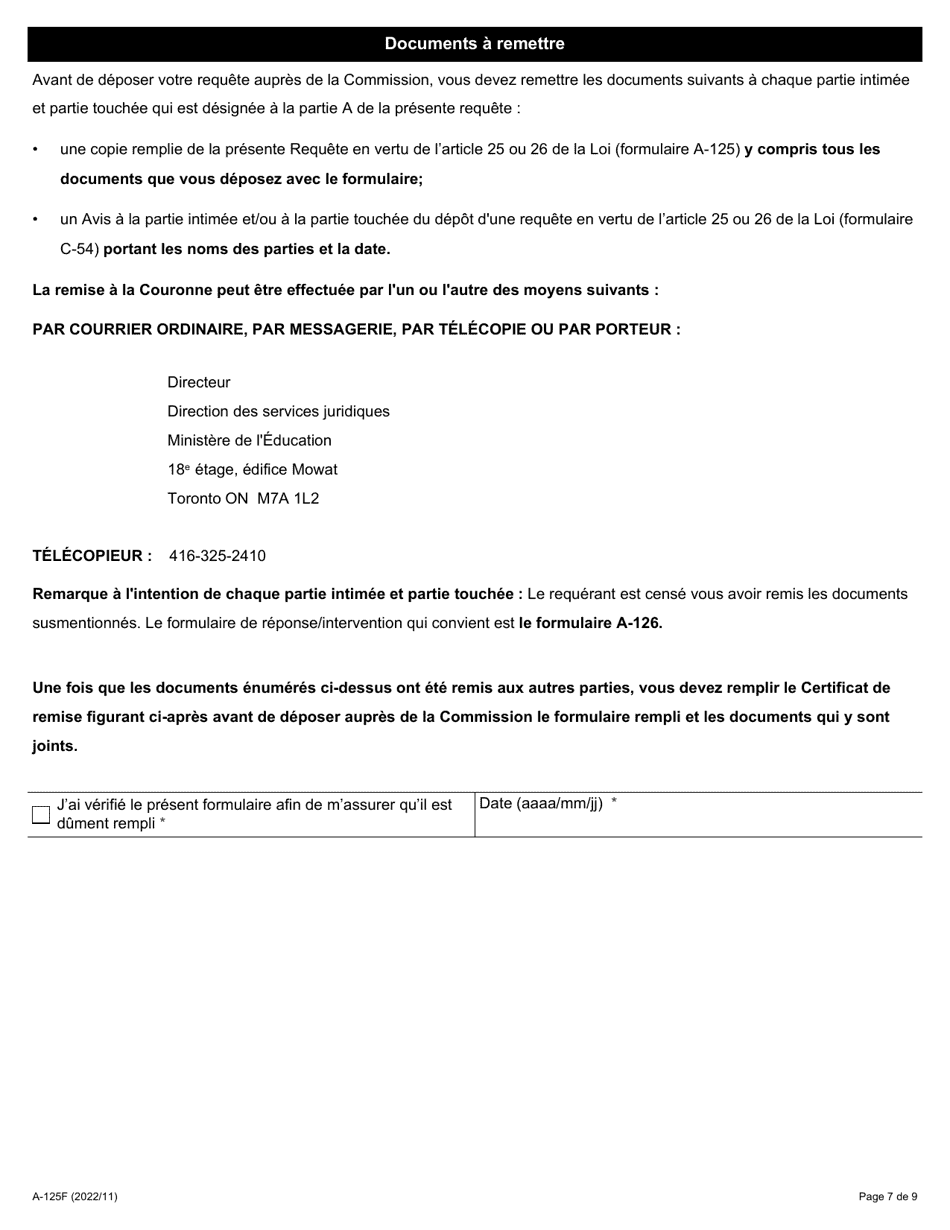 Forme A-125 Requete En Vertu De Larticle 25 Ou 26 De La Loi De 2014 Sur La Negociation Collective Dans Les Conseils Scolaires - Ontario, Canada (French), Page 7