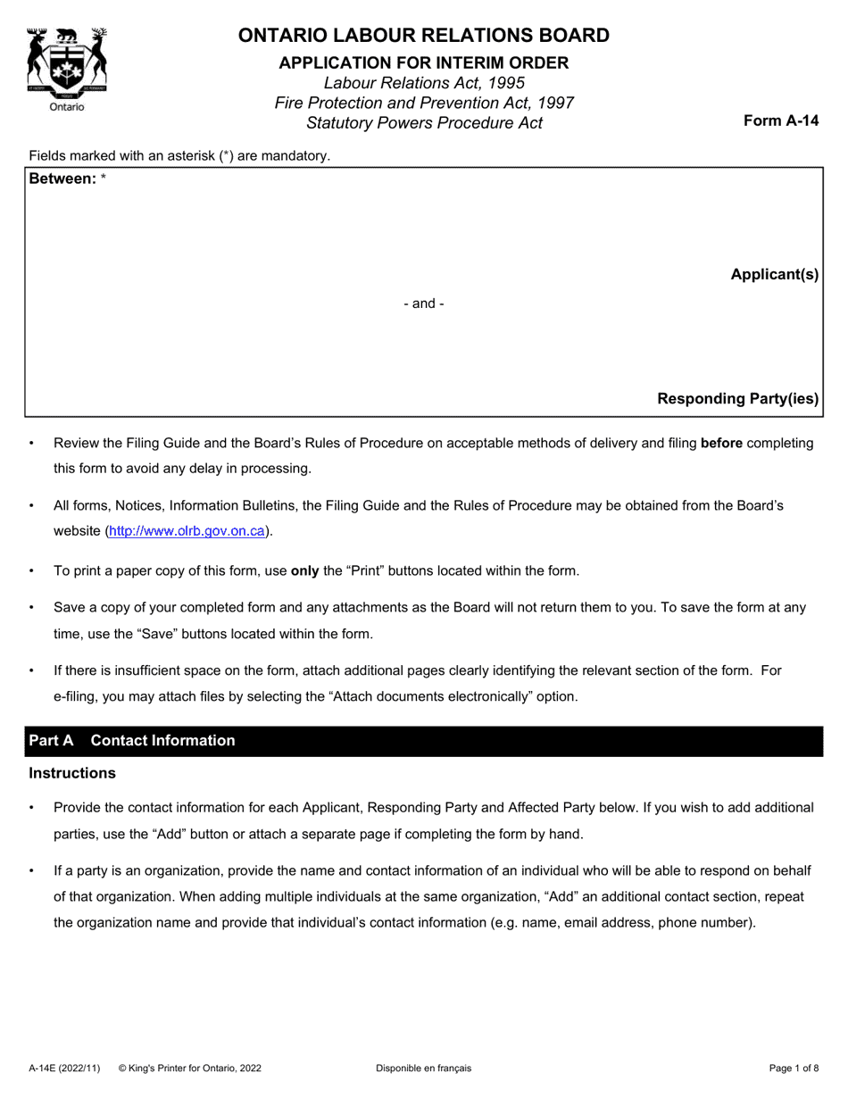 Form A-14 Application for Interim Order - Ontario, Canada, Page 1