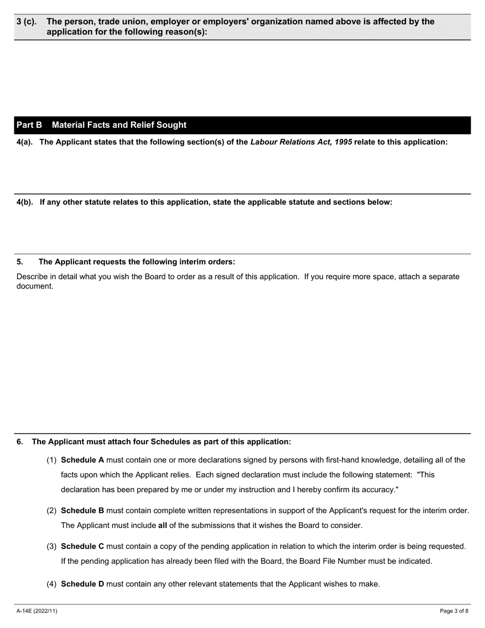 Form A-14 Application for Interim Order - Ontario, Canada, Page 3