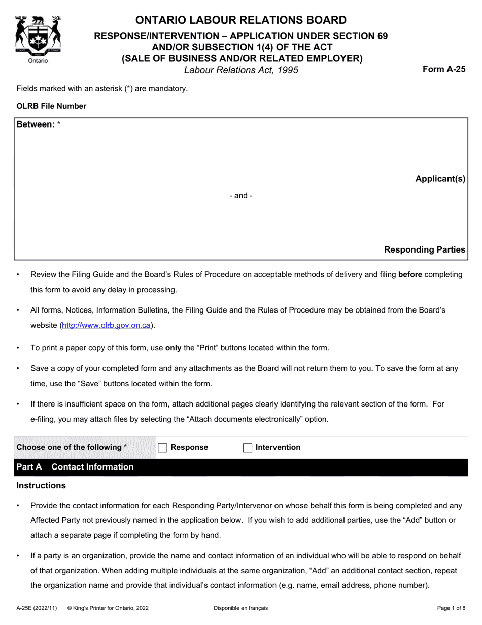 Form A-25 Response / Intervention - Application Under Section 69 and / or Subsection 1(4) of the Act (Sale of Business and / or Related Employer) - Ontario, Canada, Page 1