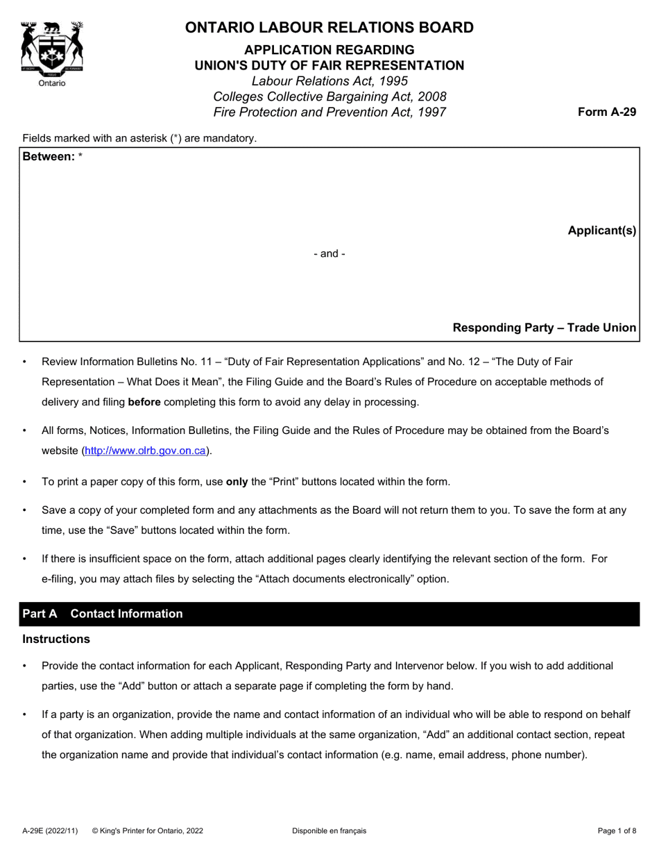 Form A-29 Application Regarding Unions Duty of Fair Representation - Ontario, Canada, Page 1