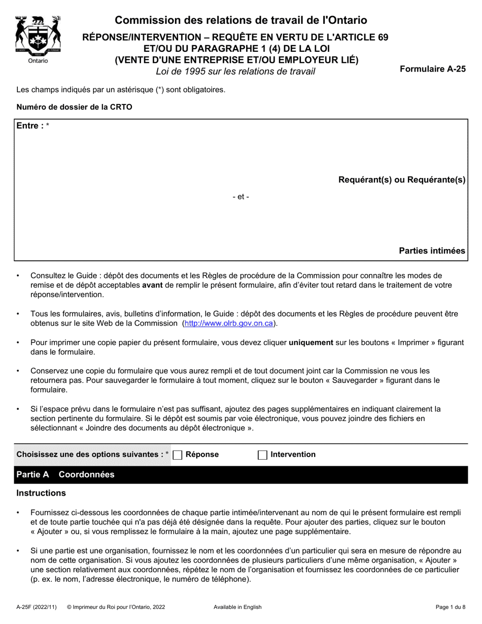 Forme A-25 Reponse / Intervention - Requete En Vertu De Larticle 69 Et / Ou Du Paragraphe 1 (4) De La Loi (Vente Dune Entreprise Et / Ou Employeur Lie) - Ontario, Canada (French), Page 1