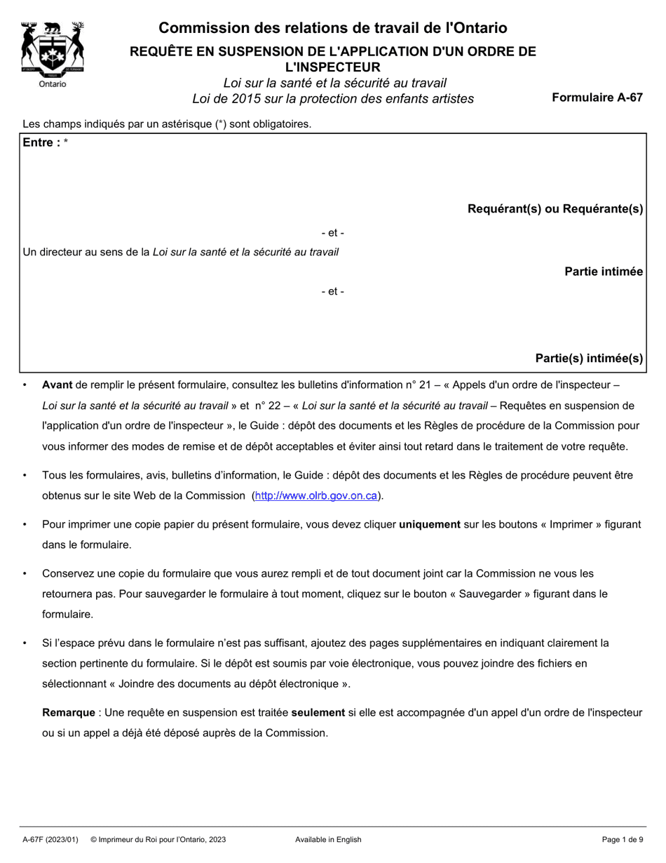 Forme A-67 Requete En Suspension De Lapplication Dun Ordre De Linspecteur - Ontario, Canada (French), Page 1