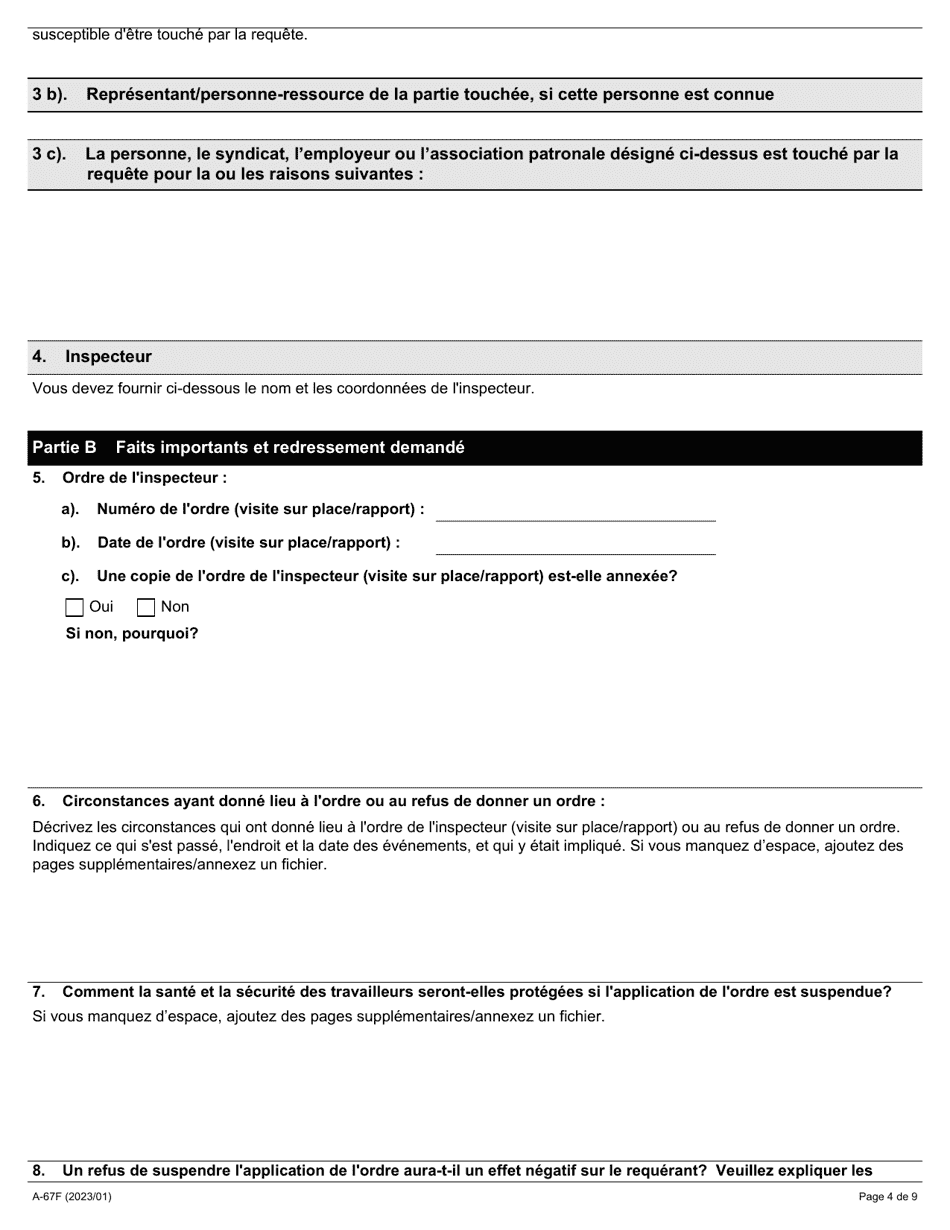 Forme A-67 Requete En Suspension De Lapplication Dun Ordre De Linspecteur - Ontario, Canada (French), Page 4