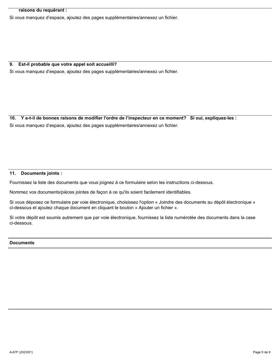 Forme A-67 Requete En Suspension De Lapplication Dun Ordre De Linspecteur - Ontario, Canada (French), Page 5