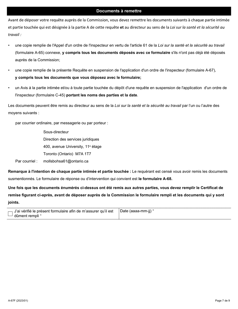 Forme A-67 Requete En Suspension De Lapplication Dun Ordre De Linspecteur - Ontario, Canada (French), Page 7