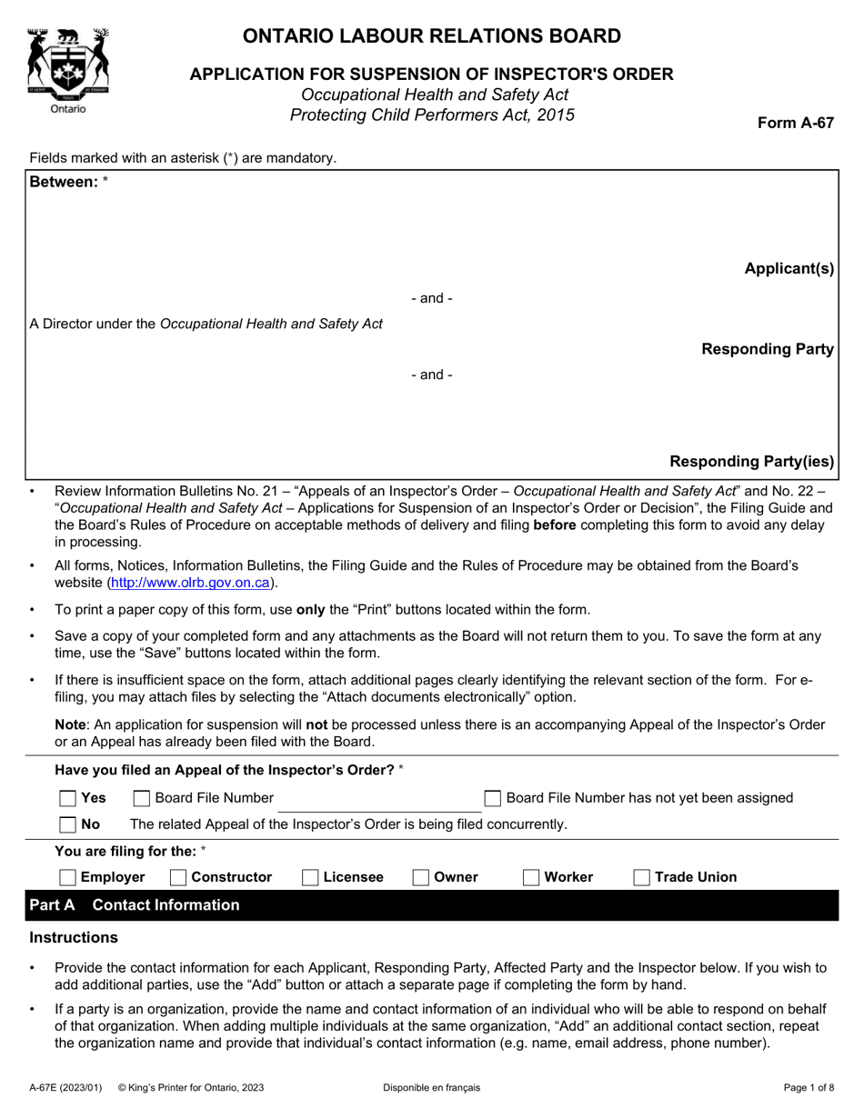 Form A-67 Application for Suspension of Inspectors Order - Ontario, Canada, Page 1