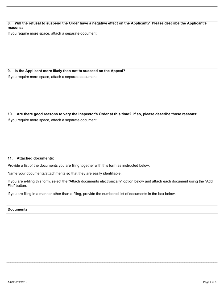 Form A-67 Application for Suspension of Inspectors Order - Ontario, Canada, Page 4