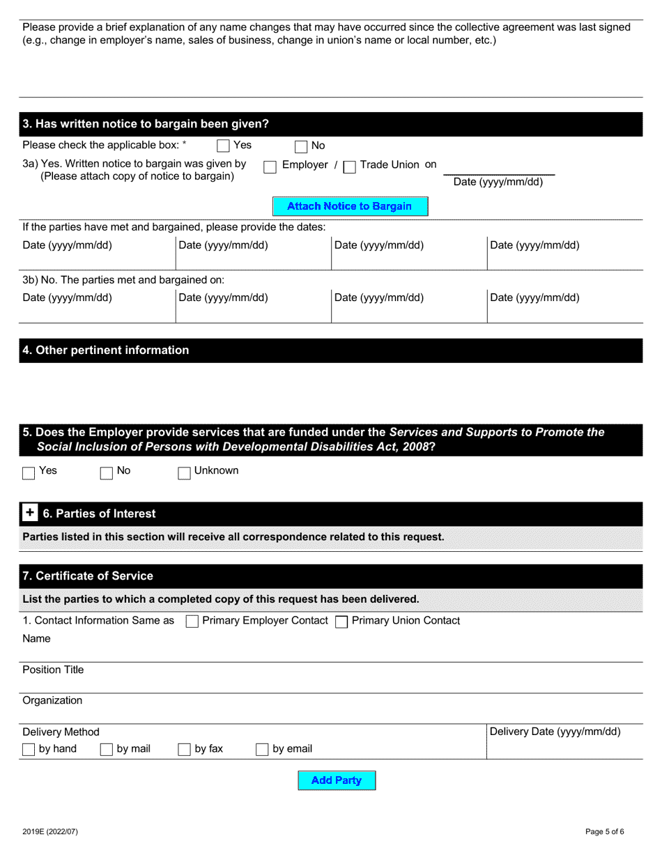 Form 2019E Request for Appointment of Conciliation Officer - Ontario, Canada, Page 5