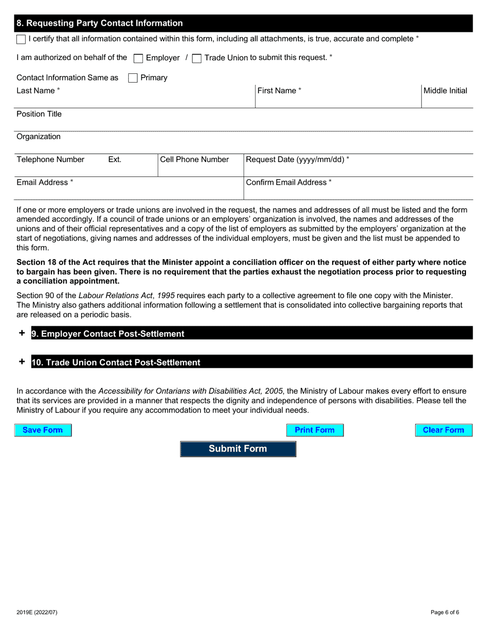 Form 2019E Request for Appointment of Conciliation Officer - Ontario, Canada, Page 6