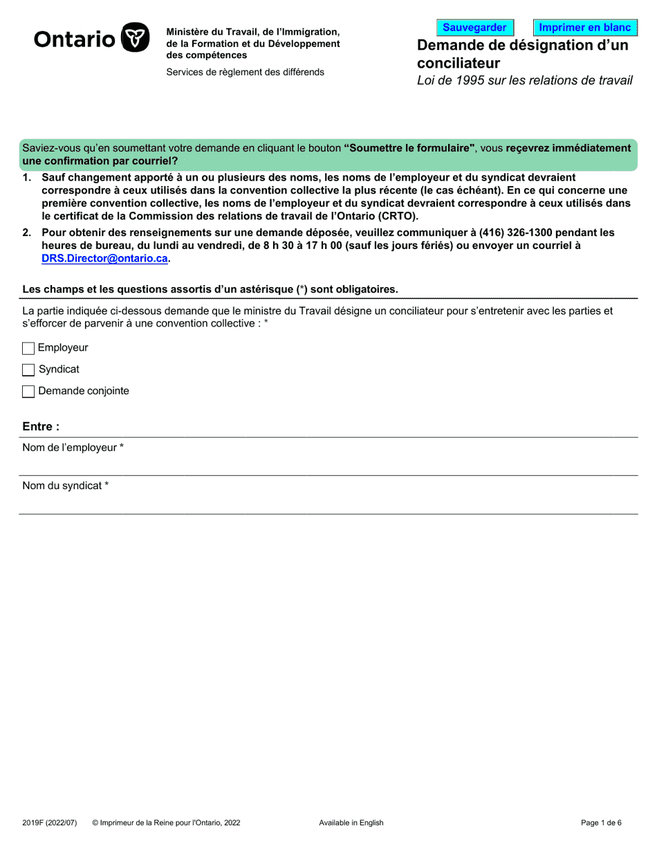 Forme 2019F Demande De Designation Dun Conciliateur - Ontario, Canada (French), Page 1