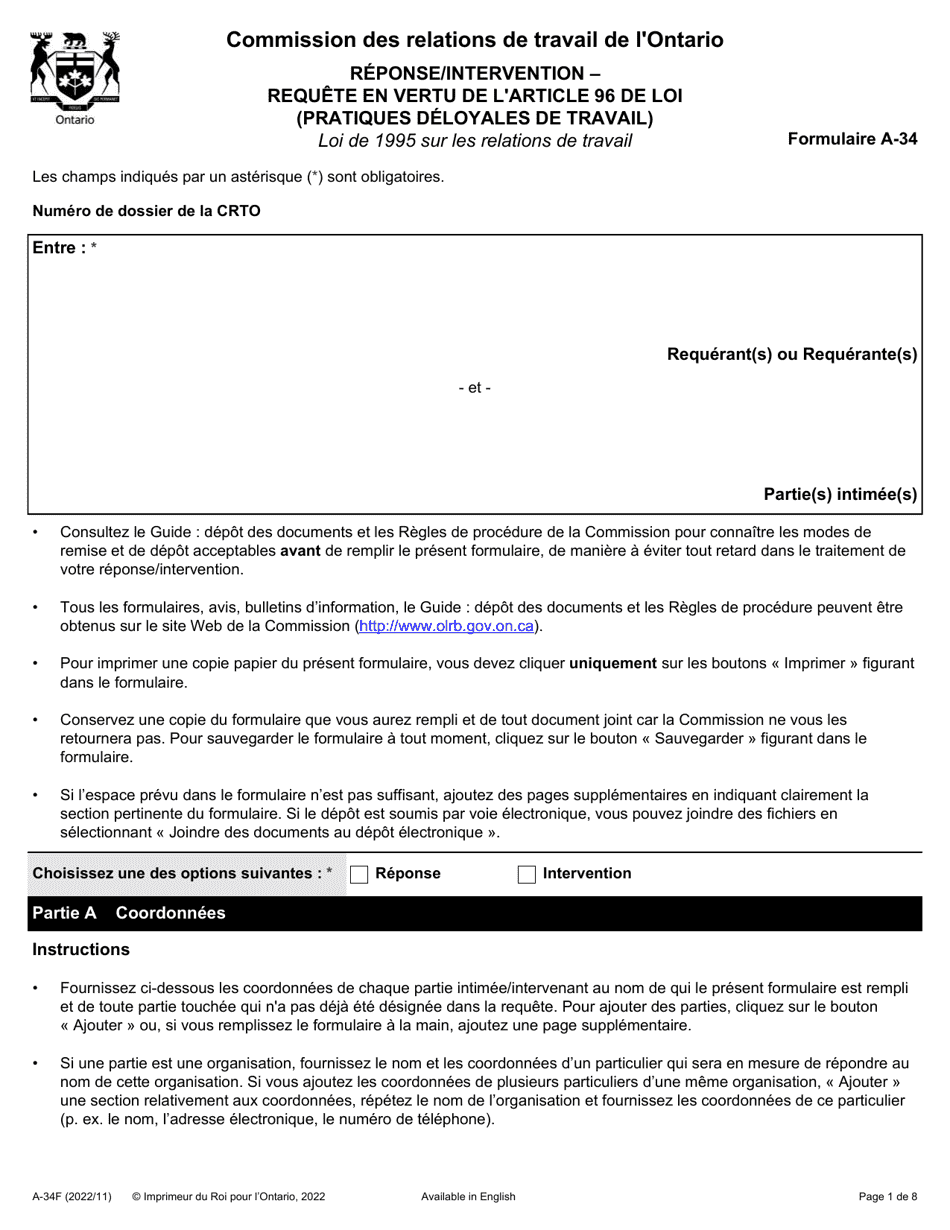 Forme A-34 Reponse / Intervention - Requete En Vertu De Larticle 96 De La Loi (Pratiques Deloyales De Travail) - Ontario, Canada (French), Page 1
