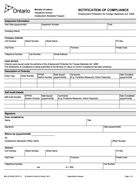 Form MOL-ES-058 Notification of Compliance - Ontario, Canada