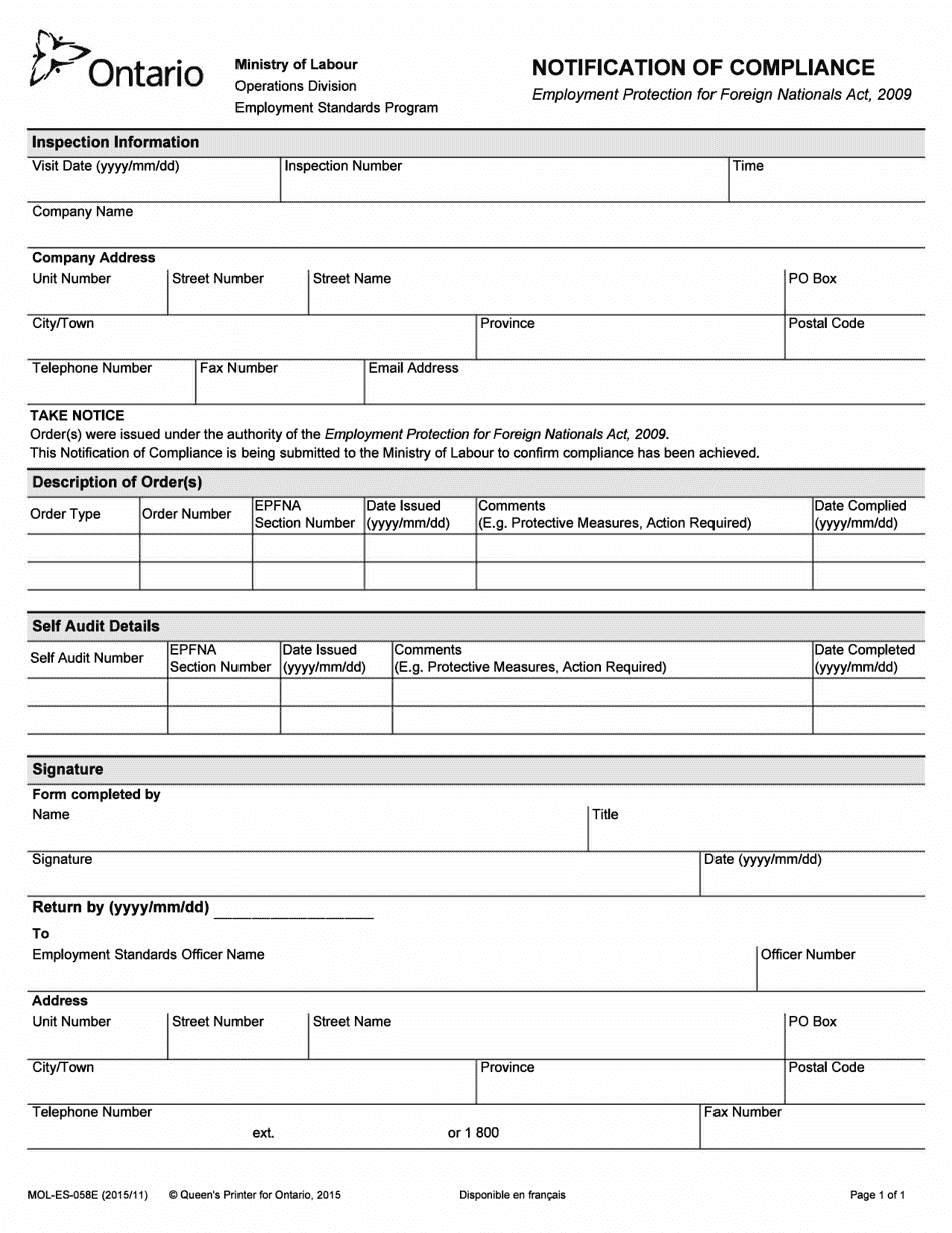 Form MOL-ES-058 Notification of Compliance - Ontario, Canada, Page 1